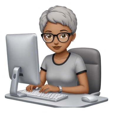 Light skinned Black girl with glasses short natural gray haircut working on computer sticker