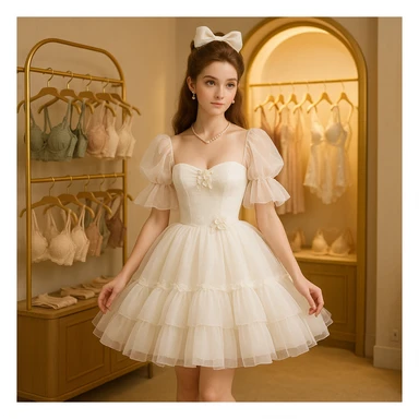 A princess-like woman with sweet features, long hair, high forehead, princess updo with bow, half-draped, wearing a white suspender puffy tulle Lolita dress, puff sleeves, tube top, layered tulle skirt, floral accents, pearl necklace and earrings, white lace-up high heels, in a boutique with exquisite lingerie, golden arch decor, soft lighting, 8k, high definition, full body, long shot, 1:1 ratio, alternate angle. sticker