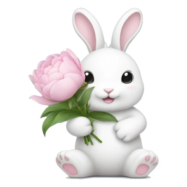 cute white bunny holding light pink peonies sticker