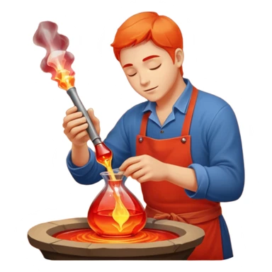 Glassblowing and casting icon, artisan shaping molten glass with a blowpipe, glass being poured into a mold, glowing red-hot glass, delicate patterns, minimalistic style, clean lines, transparent background. sticker