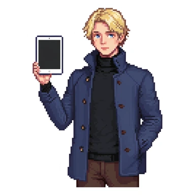 Flat pixel art, bold and charismatic male leader, Caucasian, short neat blonde hair, sharp eyes, indigo coat over black turtleneck, one arm raised pointing out, holding tablet, waist-up, front-facing sticker