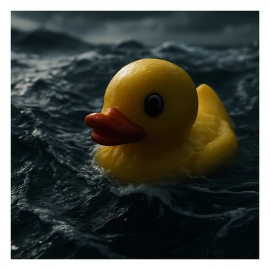 Extreme Closeup shot of Yellow duck toy on ocean during cloudy day, stormy sea, Camera from top, inspired by interstellar, shot by camera alexa 65, 35mm lens sticker