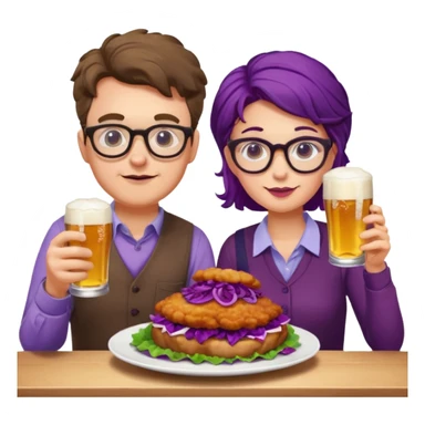 German man with glasses and woman with glasses eating schnitzel, red cabbage, potatoes, and drinking a beer sticker