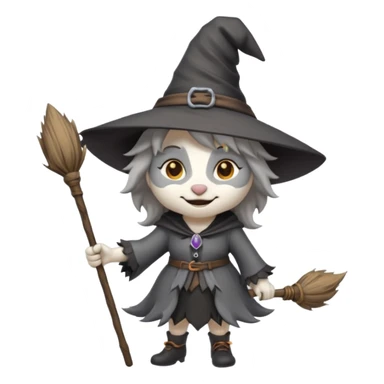 cute wolf witch emoji, with a broomstick sticker