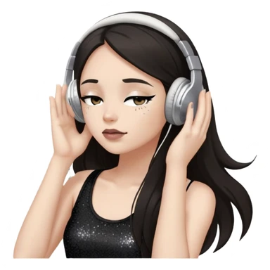 Girl with long dark hair, fair skin tone, wearing a black tank top, has glitter on her eyelids, and taupe lipstick, wearing white headphones, her hands are on her ears, and her eyes are slightly close sticker