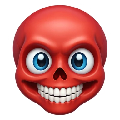 “A bright red cartoon skull with a smooth shiny surface, large round blue eyes with white outlines, a wide exaggerated smile showing big detailed teeth, simple black nose cavity, clean symmetrical face shape, centered on a plain light background, HD, sharp, vibrant, no distortion.” sticker