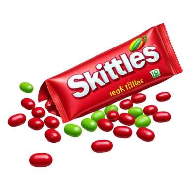 Red Skittles package with logo, the original red Skittles pack design, with only green Skittles candies spilling out sticker