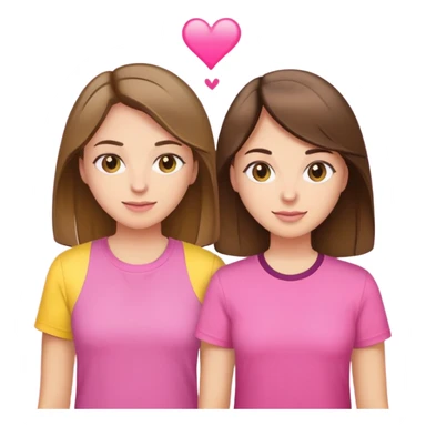 Two best friends one light brunette and the other brunette’s with highlights. Both are white. The first one is wearing a yellow shirt and the other a pink  sticker