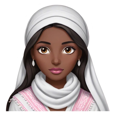 A woman with long, dark hair wears white keffiyeh, giving her a graceful and cultural look. Her makeup is well-done, with defined eyebrows and soft pink lips, enhancing her striking features. The dim lighting and blurred background create a warm, intimate atmosphere. sticker