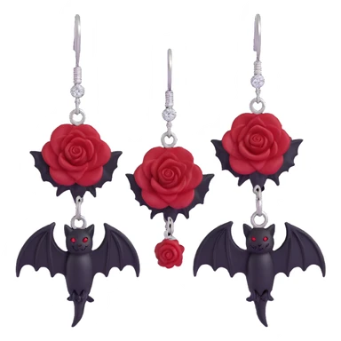 gothic earrings with crimson velvet bows, black bat charms, deep red rose accents, dramatic and gothic sticker