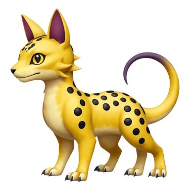 Golden-mustard-beige-yellow-gradients-colored, with black rosette-spots, scaley Bastet-Liepard-Noibat-Gatomon-Garchomp-Digimon-Fakémon-Pokémon-creature (full body) sticker