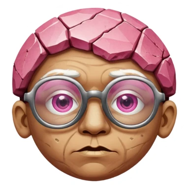 A single pinkfaceted rock head, chunky and worn, with very visible big cracks and chipped facets but still shiny, big glasses sticker