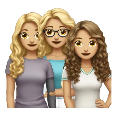 Three girl best friends one blonde with curly hair, one brunette with long hair, one brunette with short hair and glasses sticker