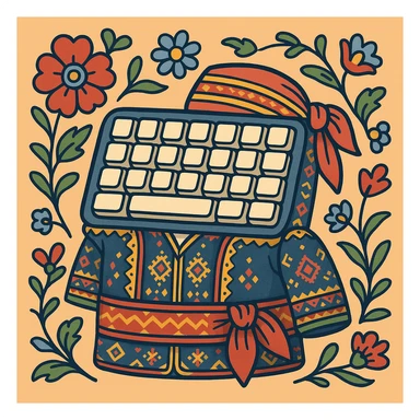 cartoon keyboard theme inspired by traditional Kurdish clothing, background with Kurdish floral patterns and bright colors, keys with soft cartoonish borders sticker