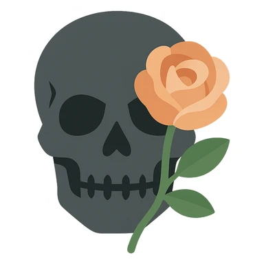 A dark, grey skull with sharp, angular features and a mysterious, haunting aura, featuring a rose delicately placed in one of its hollow eye sockets. The skull is in shades of grey, accented with soft tones of golden orange (FA9B41), forest green (4A7C5C), muted taupe brown (96775A), and pastel peach (FFCC9A). The rose, vibrant in its peach and orange hues, contrasts with the cold, eerie grey of the skull, its petals unfurling gently around the eye socket. The background is dim and shadowy, with a faint, mystical glow illuminating the skull and rose, adding to the gothic and slightly surreal atmosphere. The scene feels both haunting and beautiful, with a touch of elegance. sticker
