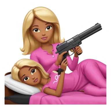 Brown skin blonde hair barbie laying in bed holding a black gun sticker