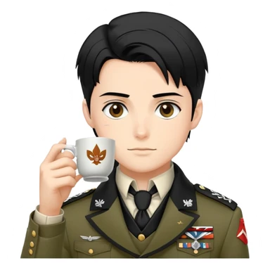Levi Ackerman drinking tea, with black undercut hair, Scout Regiment uniform and cravat sticker
