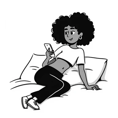 Brown-skinned teenage girl with curly black hair lying on bed looking at cellphone, heavy makeup, big lips, tight crop top, hoop earrings, choni style urban clothing sticker