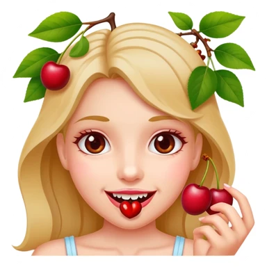 Girl holding cherry vine in between teeth with pink cherries at the end  sticker