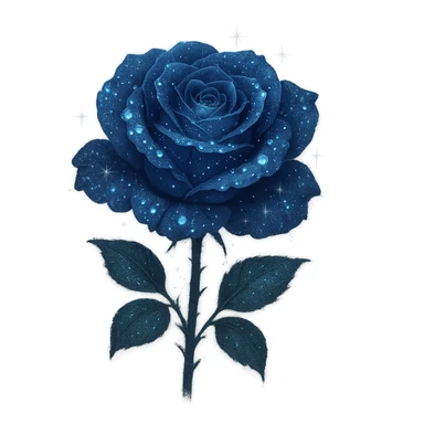 Add glowing dewdrops on the petals of the midnight rose with deep blue petals, subtle silver sparkles, and a soft magical glow. Keep the background transparent. The style should reflect a delicate and ethereal look with emphasis on the glowing effect and silver accents. sticker