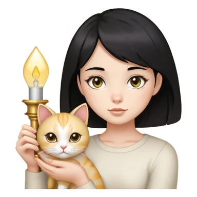 black hair girl with black eyes with light gold cat sticker