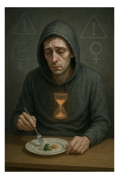 Undereating man in his 30s sitting at a table with a very small meal, looking fatigued and cold, wearing a hoodie indoors. His body appears skinny but soft, lacking muscle tone. Pale complexion, tired eyes, posture slouched. A faint hourglass inside his body glows dimly, symbolizing slowed metabolism. In the background, warning signs or ghostly outlines of potential health risks like muscle loss and hormonal imbalance. Mood: somber, undernourished, risky behavior. sticker