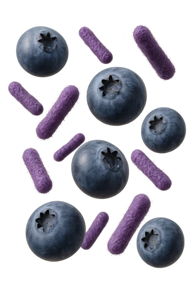 mirtilli fluttuano in aria insieme a 6 batteri intestinali viola, iperrealistico 4k sticker