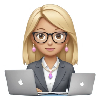 Please take the girl with laptop emoji and make her glassess light brown, her eyes ocean blue and her nose a bit smaller and pointier and she has blonde very long hair and a dark grey suit and pearls necklace, and has a laptop in fron of her and a tiny pink bow on the left side of her head sticker