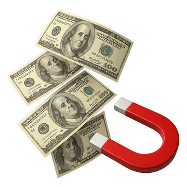 cinque banconote fluttuano in aria attratte da una calamita rossa, iperrealistica 4k, isolato su sfondo bianco sticker