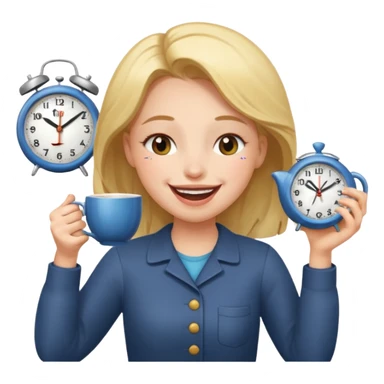 a girl laughing with her eyes closed with a clock and tea in her hands sticker