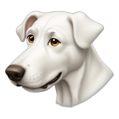 big white dog with one brown ear sticker