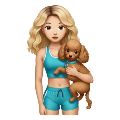 a asian lady with long balayage hair with blonde highlight, holding a brown poodle, wearing gym outfit sticker