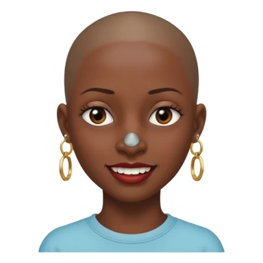 Make a emoji of a person with dark skin and has a nose ring that goes between her two nostrils and has a bunch of small earrings and who has a gap between her two front teeth and with no hair sticker