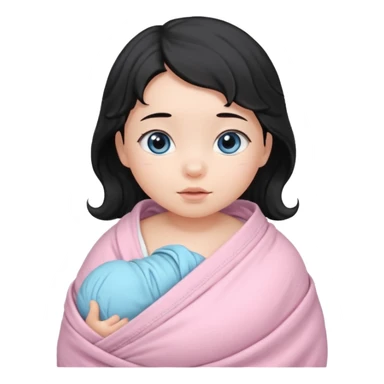 a  female asian newborn baby with black wavy hair and blue eyes wrapped in a light pink swaddle sticker