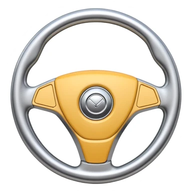 A futuristic steering wheel emoji made of silver chrome, minimal geometric design, smooth metallic surface, soft reflections, iOS emoji style, centered, clean white background sticker