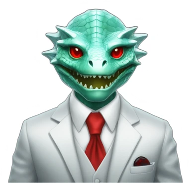 Aquamarine reptilian in classic black suite with red laser eyes on the middle of platinum coin sticker