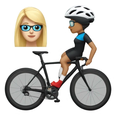 Cyclist woman blond, black shirt ,  blue short, red socks, black bike , transparent glasses, black helmet sticker