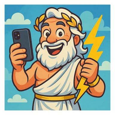 Cartoon Zeus using an iPhone, playful and fun sticker