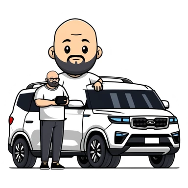 bald man with beard standing next to a white Kia Mohave SUV sticker