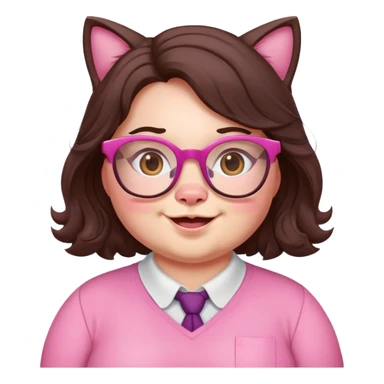 chubby English teacher face, pink cat glasses, wavy long dark brown hair, happy expression sticker