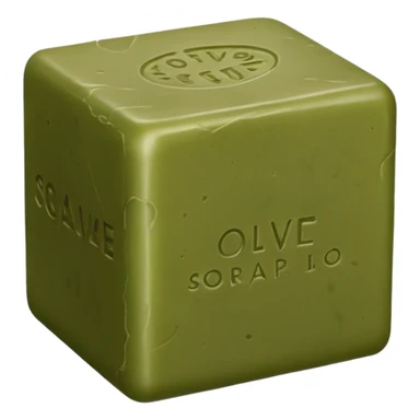 solid olive green or brownish soap bar, cube or rectangular, matte rustic texture, irregular edges, subtle embossed seal on top, no foam or packaging, soft lighting, subtle shadows, emoji scale sticker