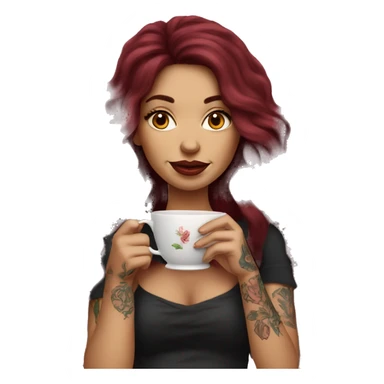 Beautiful tattooed  burgundy long haired woman sipping tea sticker