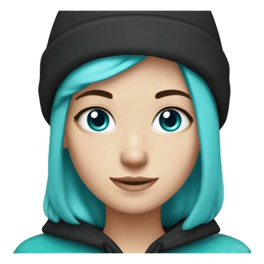 White girl, black hoodie, teal hair, purple beanie hat, blue eyes sticker