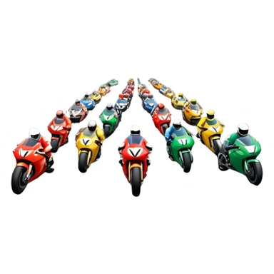 grandstands filled with cheering crowds, checkered flags waving, and traffic lights signaling the start, with a thrilling atmosphere of anticipation and speed. Sporty cars and motorcycles lined up at the starting line, ready to race, with a vibrant racetrack in the background. sticker