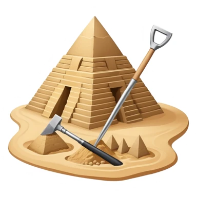 An icon showing archaeological tools like a trowel, brush, and pickaxe placed on sandy ground, with an Egyptian pyramid in the background. The design symbolizes excavation and discovery of ancient history, blending tools and iconic landmarks. Transparent background. sticker