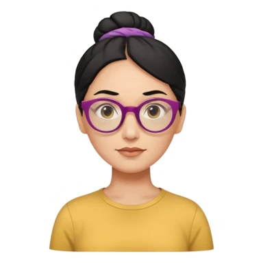 light skin middle aged with low bun in one black hair with multi colored glasses sticker