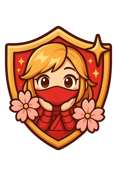 Edit the badge to have a vibrant red color with gold and white accents for the Grandmaster rank, keeping the same design of a chibi ninja girl, sakura flowers, sparkly effects, and badge shape. Maintain transparent background, sized for Twitch or Discord use. sticker