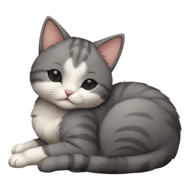 dark grey and white small cat with his eyes closed leaning his head on his paw while leaning on his elbow lying down sticker