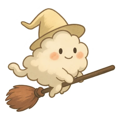 soft vanilla cloud doe with rosy cheeks, floating gracefully like a witch, social media brand mascot, Ghibli style sticker
