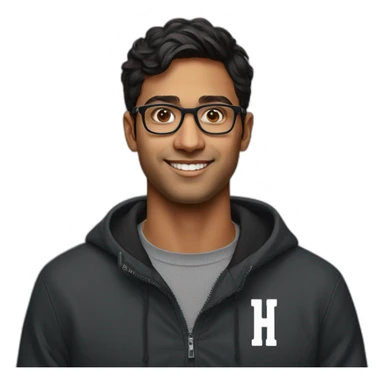 25 year old indian silicon valley creator economy startup founder wearing glasses in a black quarterzip with a harvard logo sticker